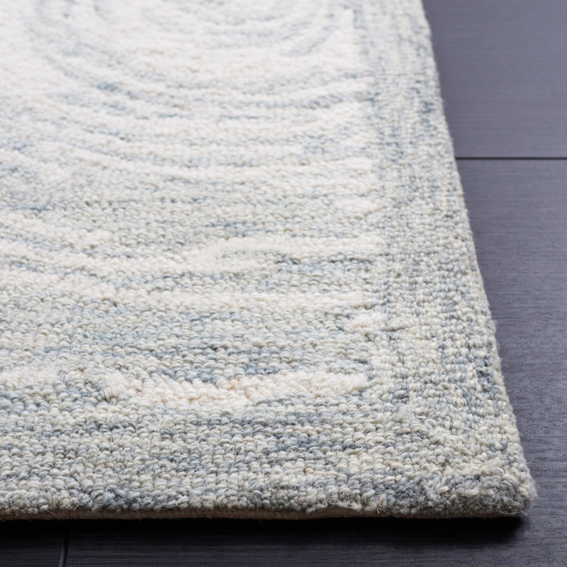 Micro-Loop Hand Tufted Wool/Cotton Geometric Rug in Ivory/Blue, Rectangle 8' x 10'