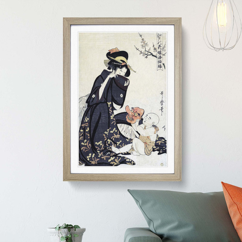 Playing with Youngster by Kitagawa Utamaro - Picture Frame Painting Print, 48cm H x 36cm W x 2cm D, Oak Framed