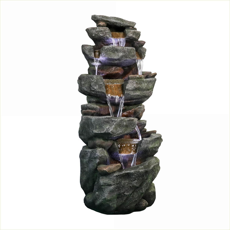Fountains, 40.5" Tall 6-Tier Rock Fountain, Gray Polyresin with LED Lights, for Garden Patio Porch Foyer | Gray | Rock