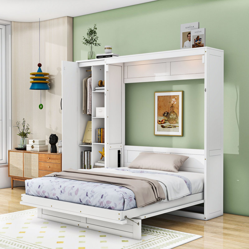 Lit escamotable double avec tablettes, garde-robe et lumières DEL, Blanc