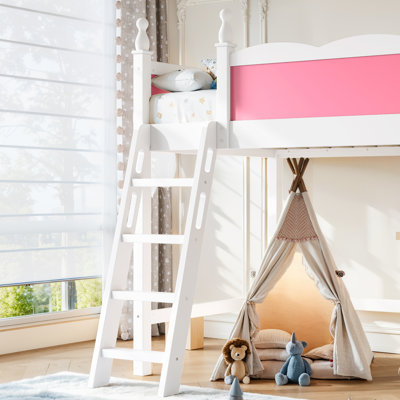 Lit mezzanine simple en bois massif avec garde-corps et échelle intégrée, lit mezzanine robuste pour enfants avec espace sous le lit spacieux, rose et blanc