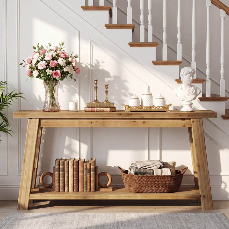 70.8'' Long Solid Wood Entryway Console Table With Shelf, 1.97'' Thick One-piece Solid Wood Tabletop, Natural