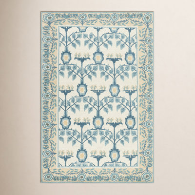 Ivory and Blue Floral Hand-Tufted Wool, Cotton, and Viscose Area Rug