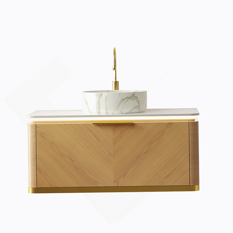 Meuble-lavabo 36 po, meuble de rangement flottant en contreplaqué, tiroir avec poignée et capteur de lumière, vasque en céramique blanche à motif de pierre et plateau en pierre frittée, pré-assemblé, grain de bois de chêne Corolla