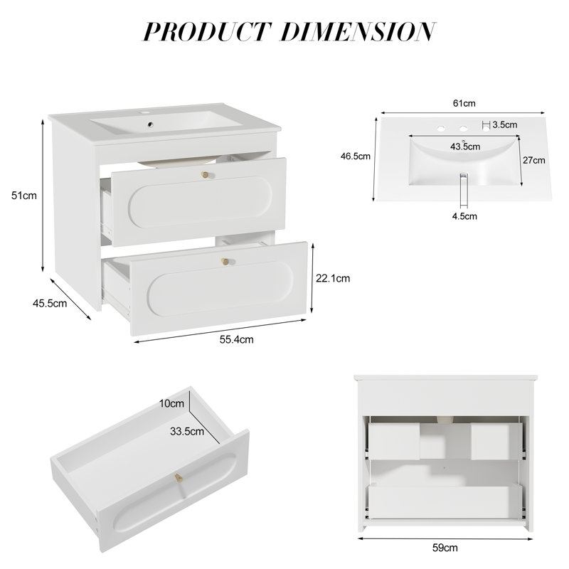 Aishwarya 55.4W x 51H cm Bathroom Vanity Unit with Basin, Floating Wall Mounted 2 Drawer, White