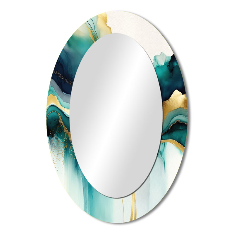 Teal And Gold Abstract Expression I - Large Oval Wall Mirror On Metal, 36" x 24"