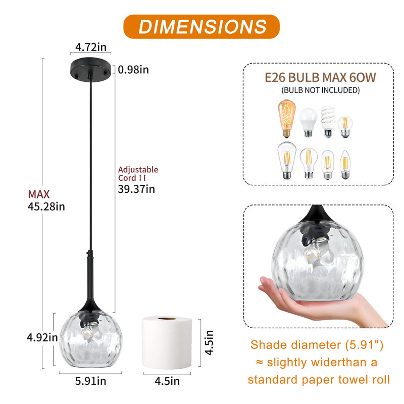 1-Light Pendant Light Fixtures Over Island With Hammered Glass Shade, Clear