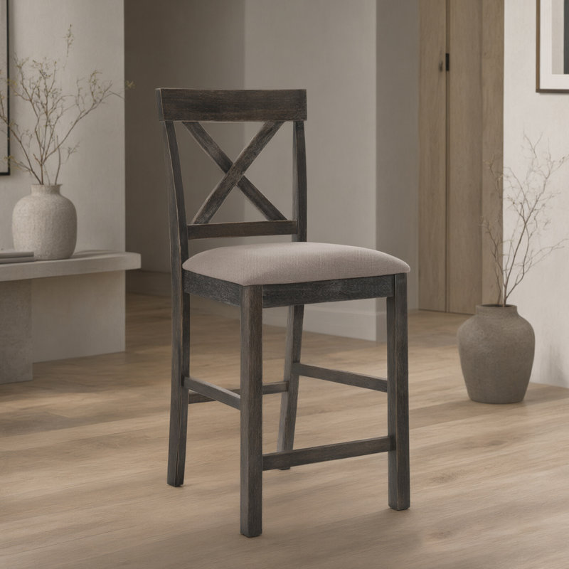 Tabouret de bar en bois massif avec dossier en X et siège rembourré en lin