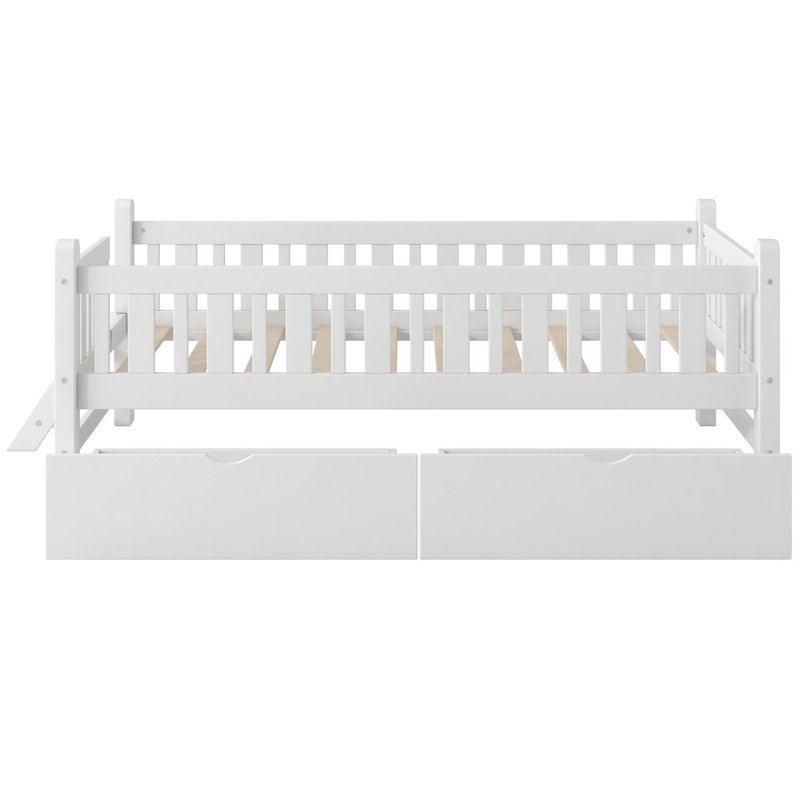 Lit plateforme simple en bois avec garde-corps et 2 tiroirs, Blanc