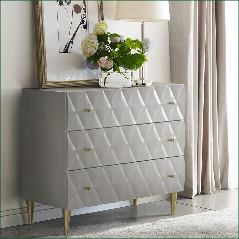 Console à 3 tiroirs avec rangement argent brossé et champagne avec rangement, H 33 po x l 36,5 po x P 19 po | Bois et métal | Salon