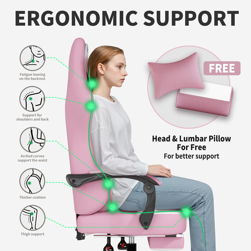 Fabric Gaming Chair with Footrest&Lumbar Support, Ergonomic High-Back, Pink