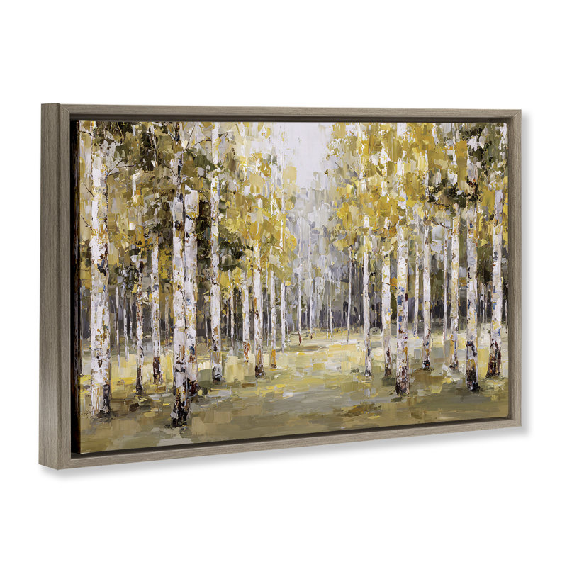 Cadre flottant impressionniste avec bouleaux et feuilles d'automne, design par Jacky Ngan, H 17 po x l 25 po