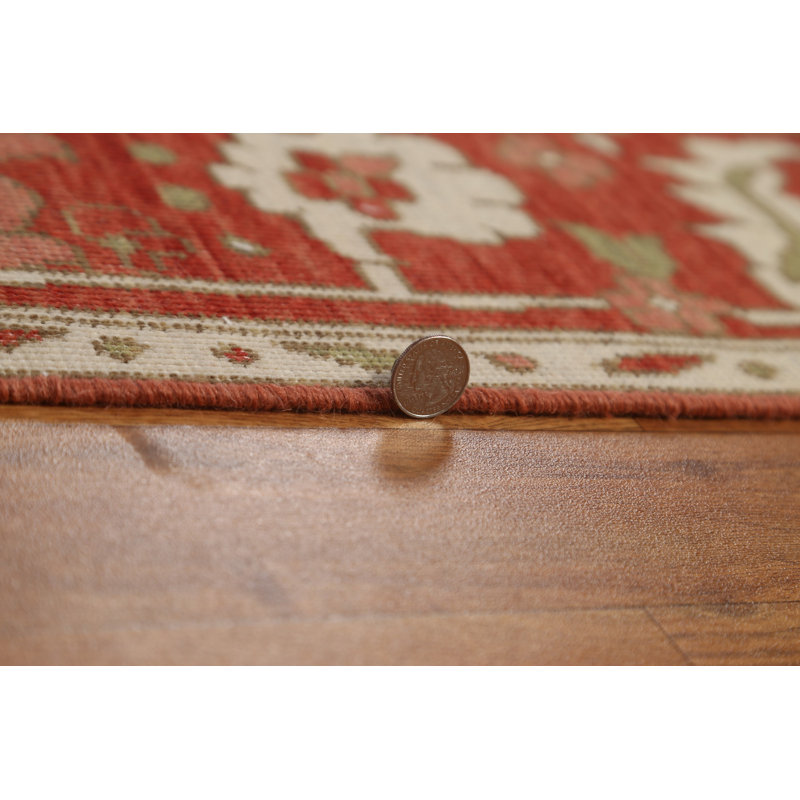 Tapis ivoire / rouge / vert en laine noué à la main de conception unique 10 po x 13 po Heriz (Serapi)