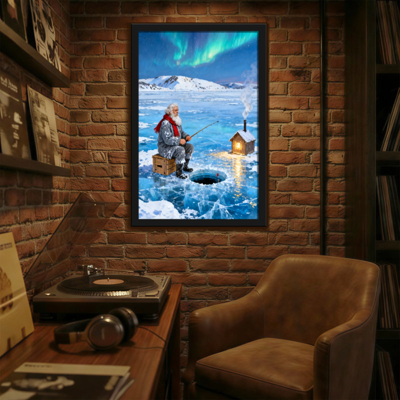 Noël père Noël pêchant sous les aurores boréales, H 30 po x l 20 po