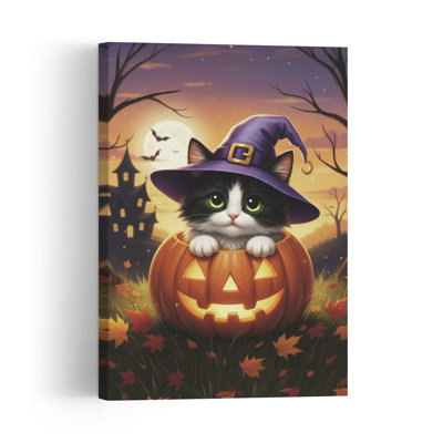 Chat sorcière d'Halloween, chaton, chauve-souris, style abstrait contemporain, architecture d'automne, affiche murale