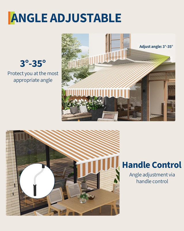 Auvent rétractable manuel 12 pi x 10 pi avec manivelle, polyester enduit de polyuréthane imperméable, cadre en aluminium pour terrasse, patio, porche, balcon