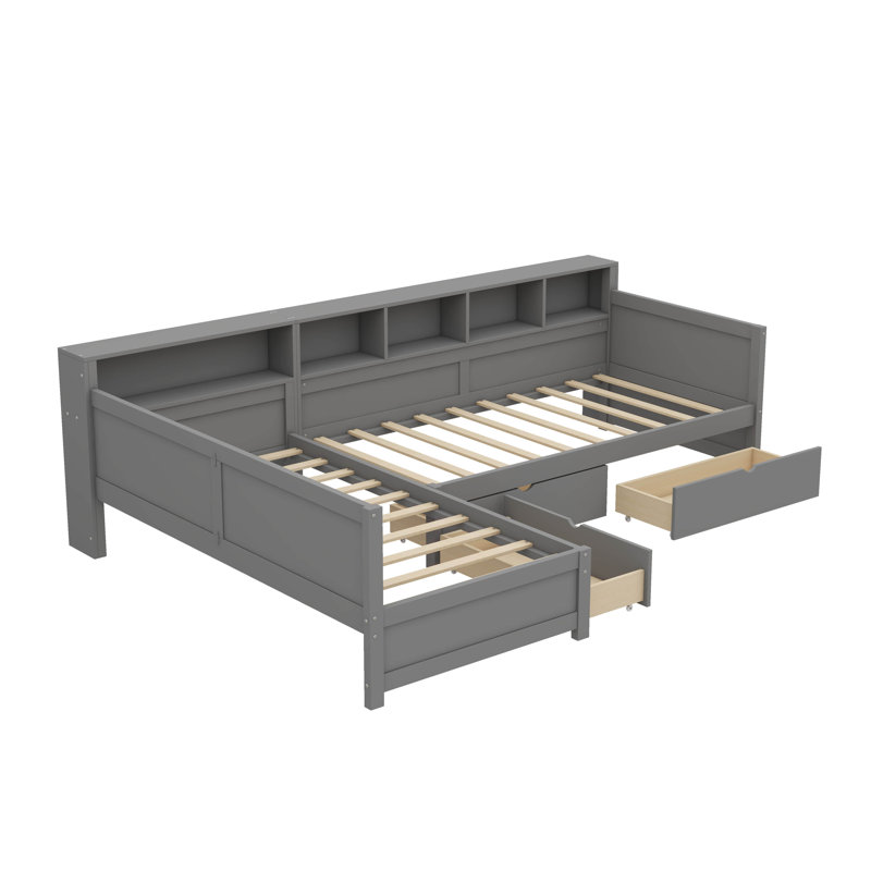 Wooden L-Shaped Twin-Size Day Bed Frame For Two, Equipped With 3 Drawers Of Storage And A Bookshelf, Ideal Corner Bed For Bedroom