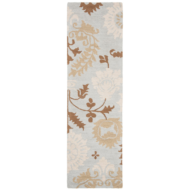 Jahiem Floral Handmade Looped Wool Blue Area Rug, Runner 2'3" x 8'
