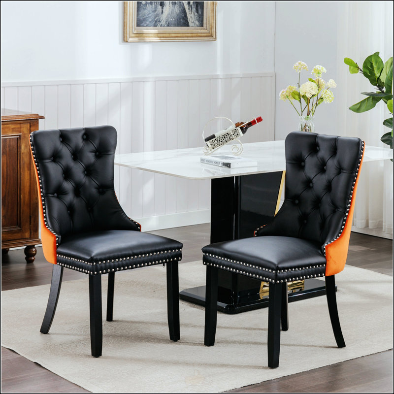 Ensemble de chaises de salle à manger élégantes et modernes avec pieds en bois massif et garniture cloutée, Noir