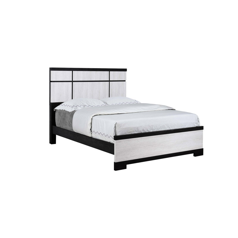 Lit transitionnel, grand lit, tête de lit géométrique, finition ébène et crème à deux tons, look contemporain, chambre en bois, lit en bois à assemblage simple avec tons de panneaux, sensation rustique,