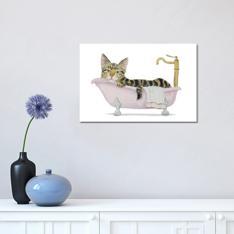«Tabbytha Cat Bath Time» par Alexey Dmitetchich Shmyrov - reproduction d'art sur toile, H 12 po x l 18 po x 1,5 po