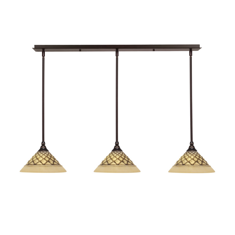 3 Light Stem Hung Linear Pendalier Shown With 10" Chocolate Icing Glass, Dark Granite