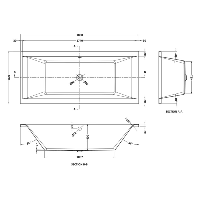 Asselby x Soaking Acrylic Bathtub, 180cm x 80cm