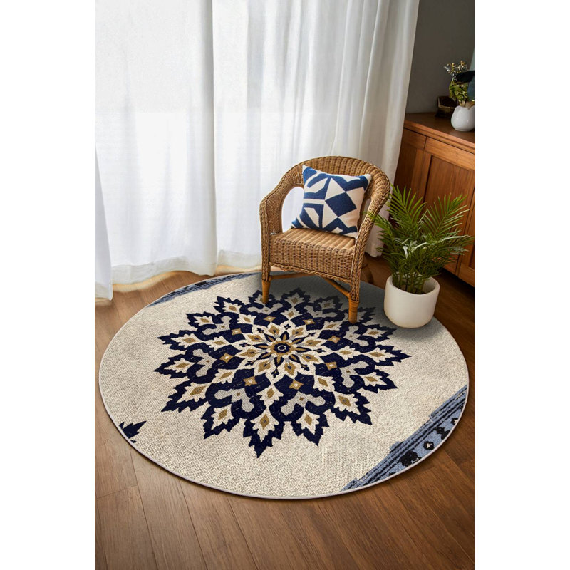 Palmyra Collection Digital Print Cotton-Polyester Navy Floral Rug, Round 3'4"