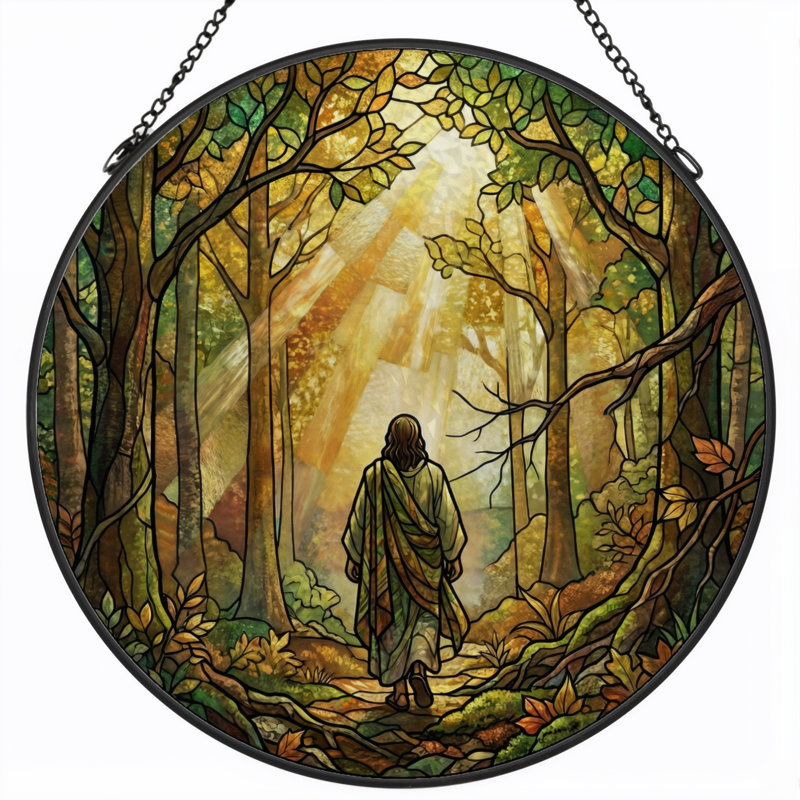 Forest Path Stained Glass Window Panel，7.8H, 7.8"H