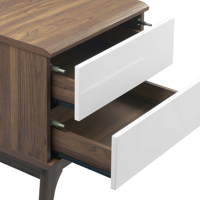 Walnut and White 2-Drawer Nightstand with Tapered Legs