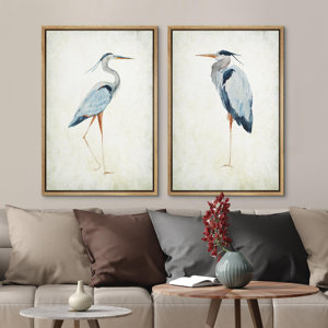 Blue Heron Bird Illustrations Animal Simple Minimalist Modern Art Pictures Chic Living Room Decor Framed On Canvas 2 Pieces Set