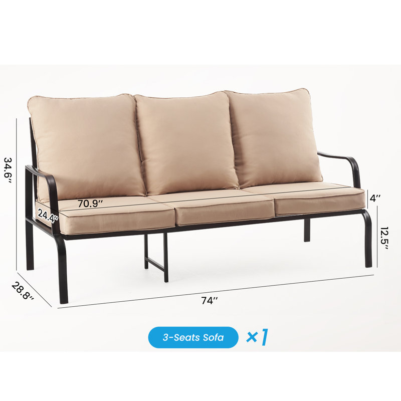 Patio Metal Frame 3 Seater Sofa With Thicken Cushions