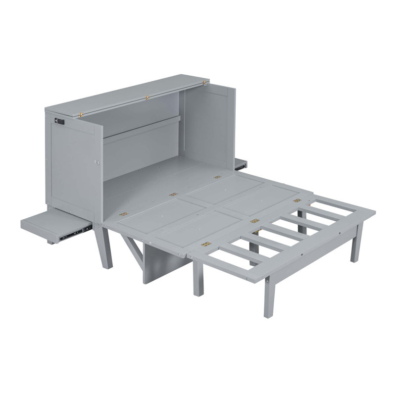 Lit escamotable avec port USB et tablettes amovibles de chaque côté, Gris, Double