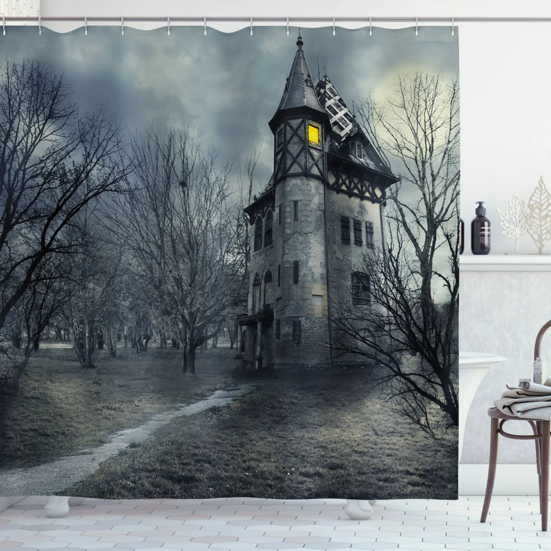 Halloween Decor Haunted House in Black Shower Curtain + Hooks Ambesonne 