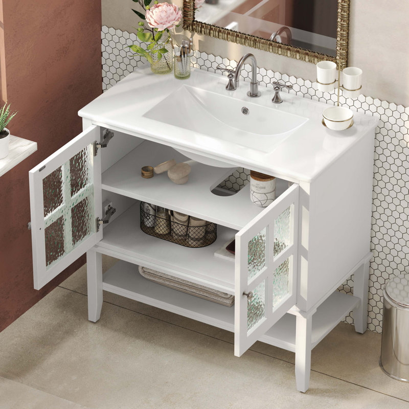 Meuble-lavabo de salle de bain avec lavabo en céramique, Blanc