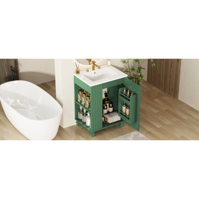 Meuble-lavabo de salle de bain rétro classique 24 po avec lavabo, poignées en métal, espace sous le lavabo, 2 tablettes, structure en bois de pin massif facile d'accès pour la plomberie, rangement multifonctionnel, charnières, finition,