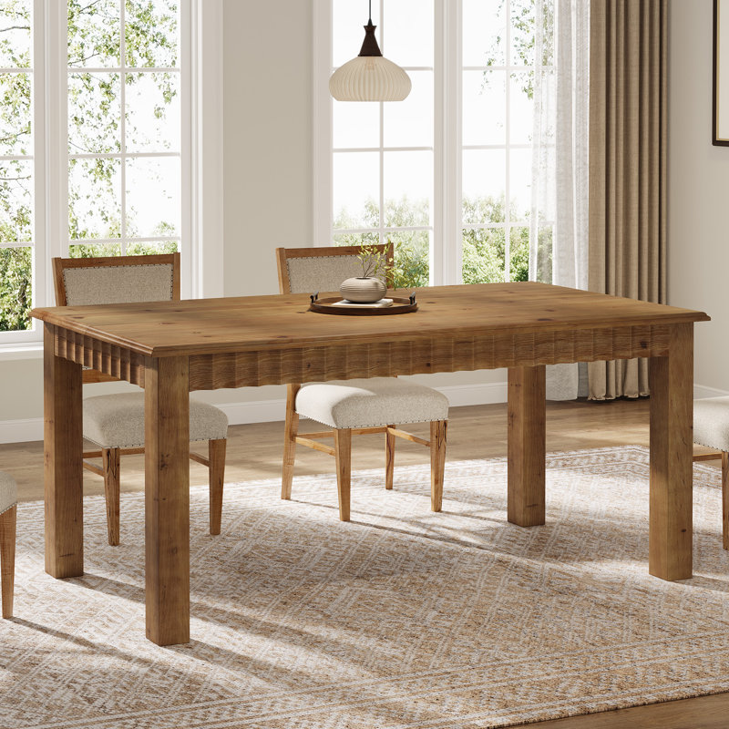 Solid Wood Dining Table For 6, 63 Inch Farmhouse Kitchen Table With  Fluting Details, Brown