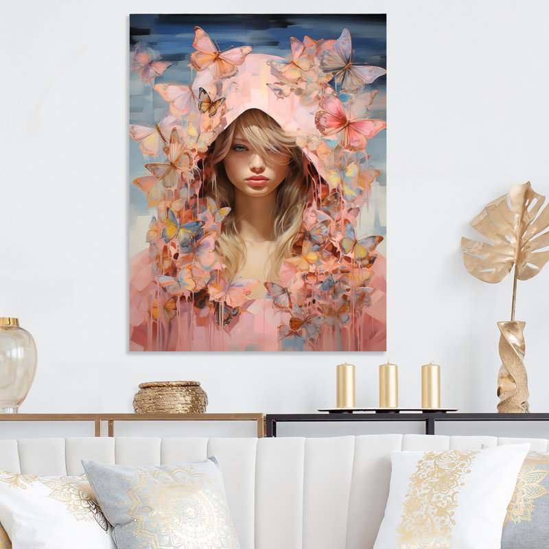 «Pink and Blue Butterfly Woman Angel I», art mural en métal Glam, H 32 po x l 16 po x P 1 po