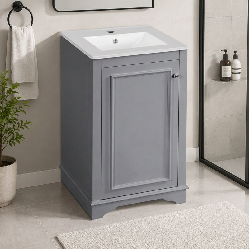 Meuble-lavabo de 20 po avec lavabo en céramique, ensemble de meuble-lavabo simple autoportant avec porte à fermeture douce, tablette réglable, style moderne