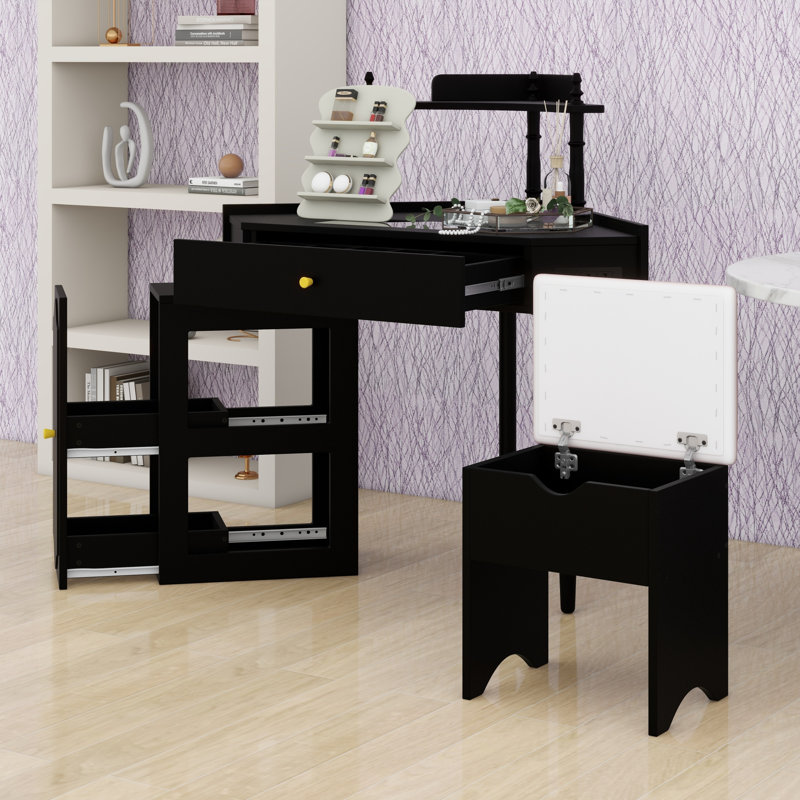 Meuble-lavabo de coin multifonctionnel avec plateau en verre, station de charge et armoire latérale amovible