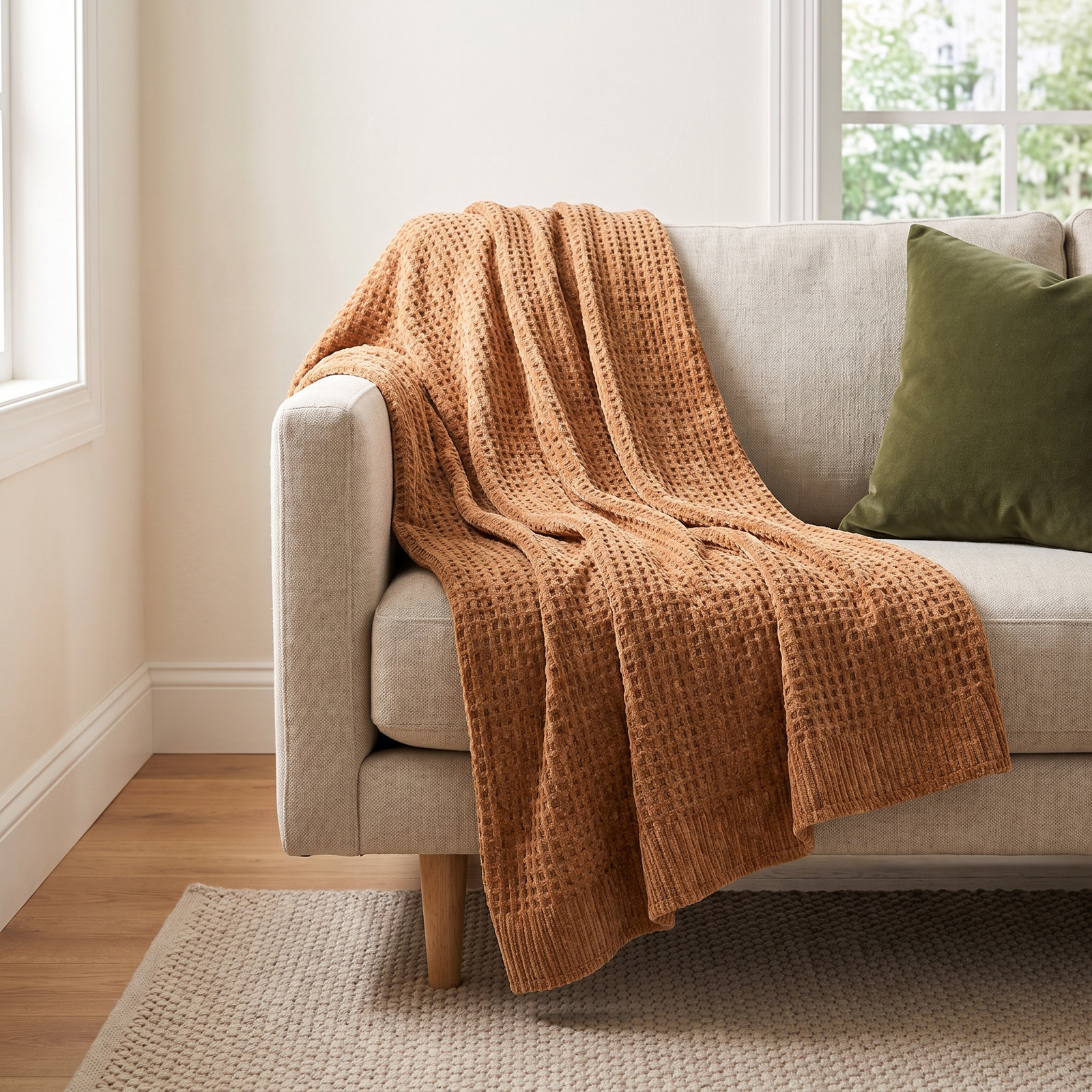 Amor Waffle Knitted Throw Blanket, Ginger