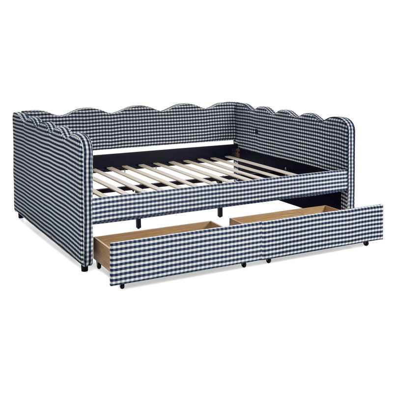 Lit de jour confortable en vichy avec deux tiroirs de rangement, avec port USB et adorable tissu en forme de vague, Grand lit