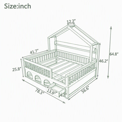 House Bed Frame for Kids with Safety Guardrails  Under Bed Storage,Drawer and Light