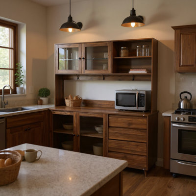 63'' Wide Kitchen Hutch Cabinet with Glass Doors, Drawers, and Microwave Shelf – Walnut Pantry Storage