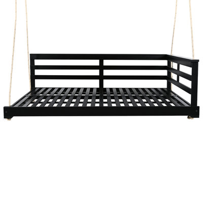 Balancelle de patio en bois, quatre cordes de chanvre de 96 pouces, support de 350 lb, conception à côtés ouverts pour le jardin, lit de véranda noir avec capacité, planches minimalistes dans la cour,