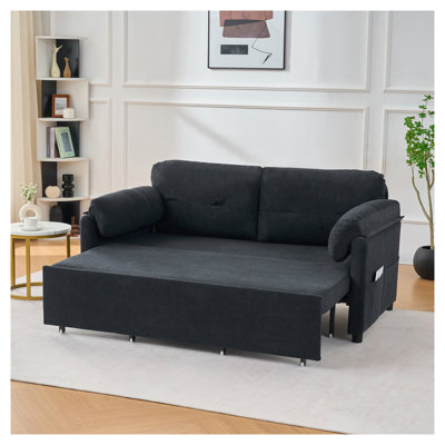 Convertible Pull Out Sofa Bed Queen Size - 3-in-1 Chenille Sleeper Couch with Side Storage, Modern Black Loveseat for Living Room & Apartment