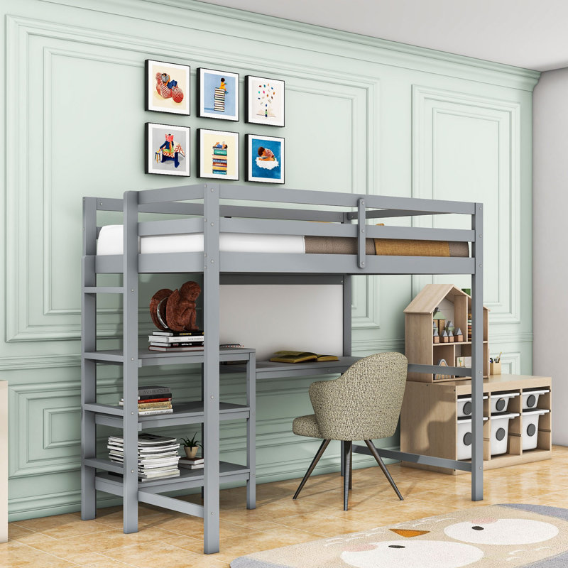 Lit mezzanine simple en bois avec tablettes, bureau intégré, tableau d'écriture et garde-corps, gris