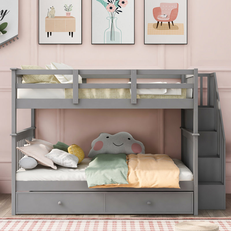 Gray Bunk Bed With Twin Trundle. Frame. Versatile Storage. Ideal For Bedroom & Dorm. No Spring Box Size Trundle In Gray. Robust Wood. Spacious For Or