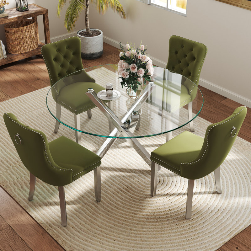 Ensemble de table de salle à manger 5 pièces, H 29,5 po x L 47 po x l 47 po, Vert olive / argent, Argent