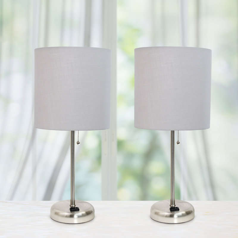 Ensemble de 2 lampes de table en or rose avec prise de charge et abat-jour tambour, Argent argent, Gris